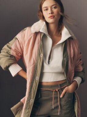 Anthropologie Pilcro Pink and Olive Quilted Coat with Faux Fur Trim
